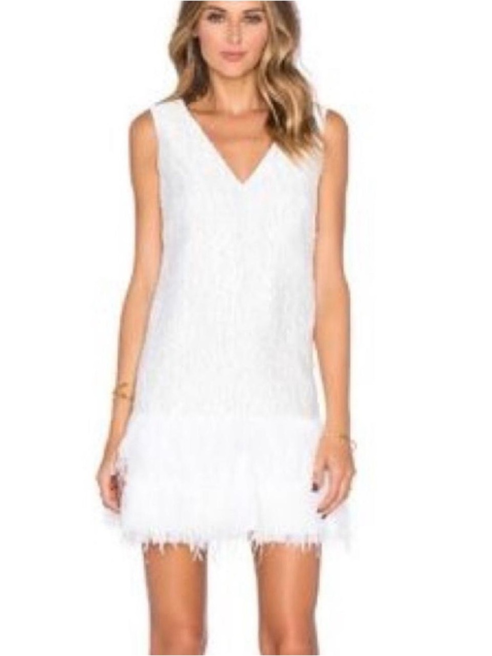 BCBGMaxAzria Jayden White V-Neck Feather Trim Mini Dress